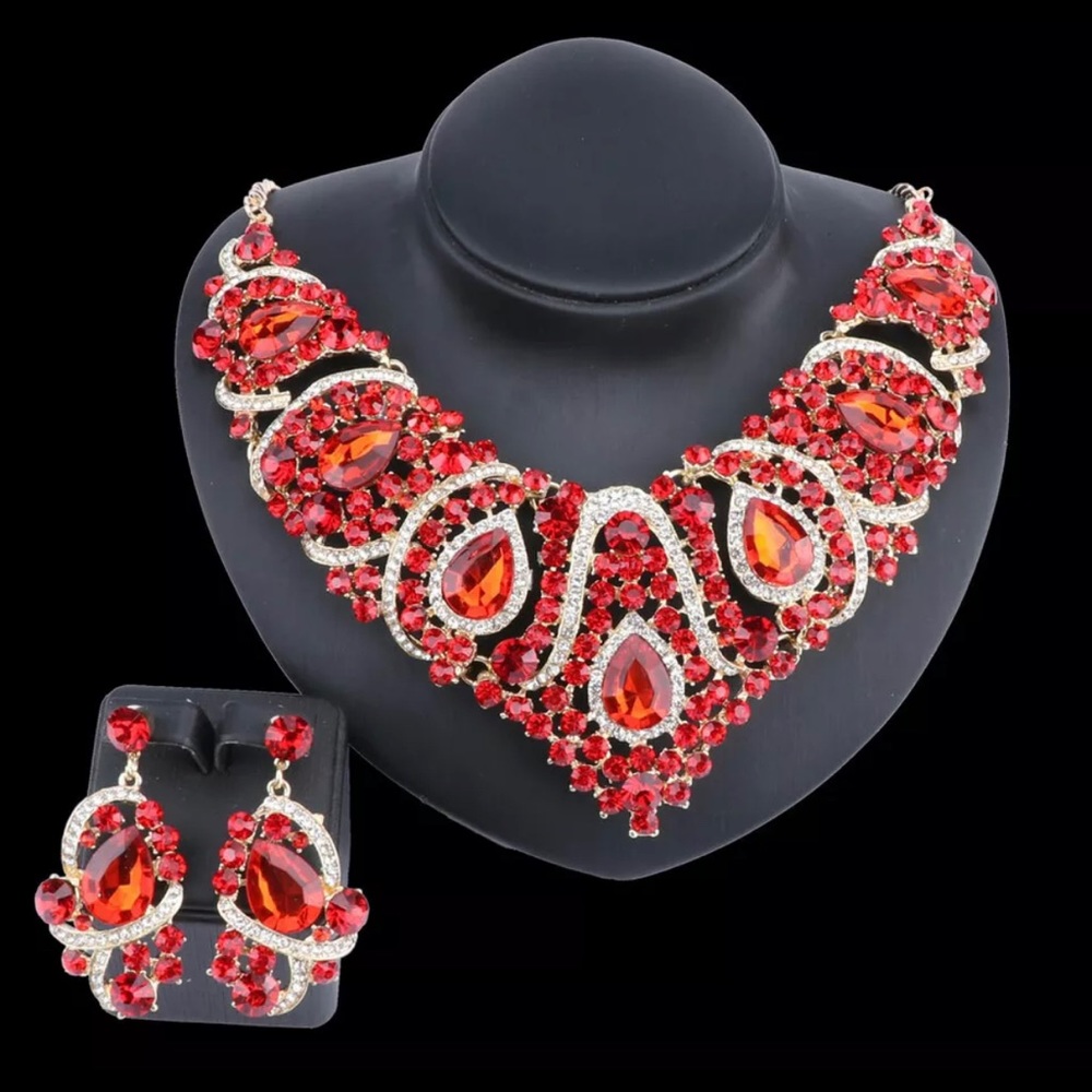 Bold Red Statement Necklace Set - image 1